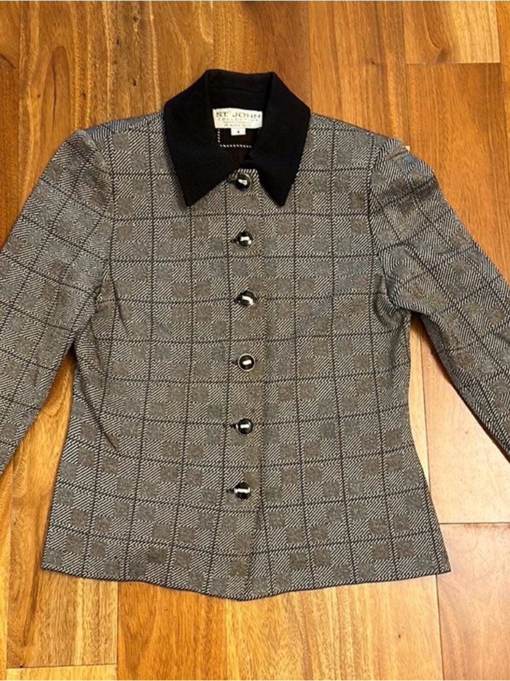 St. John Black & Gray Windowpane Button Jacket